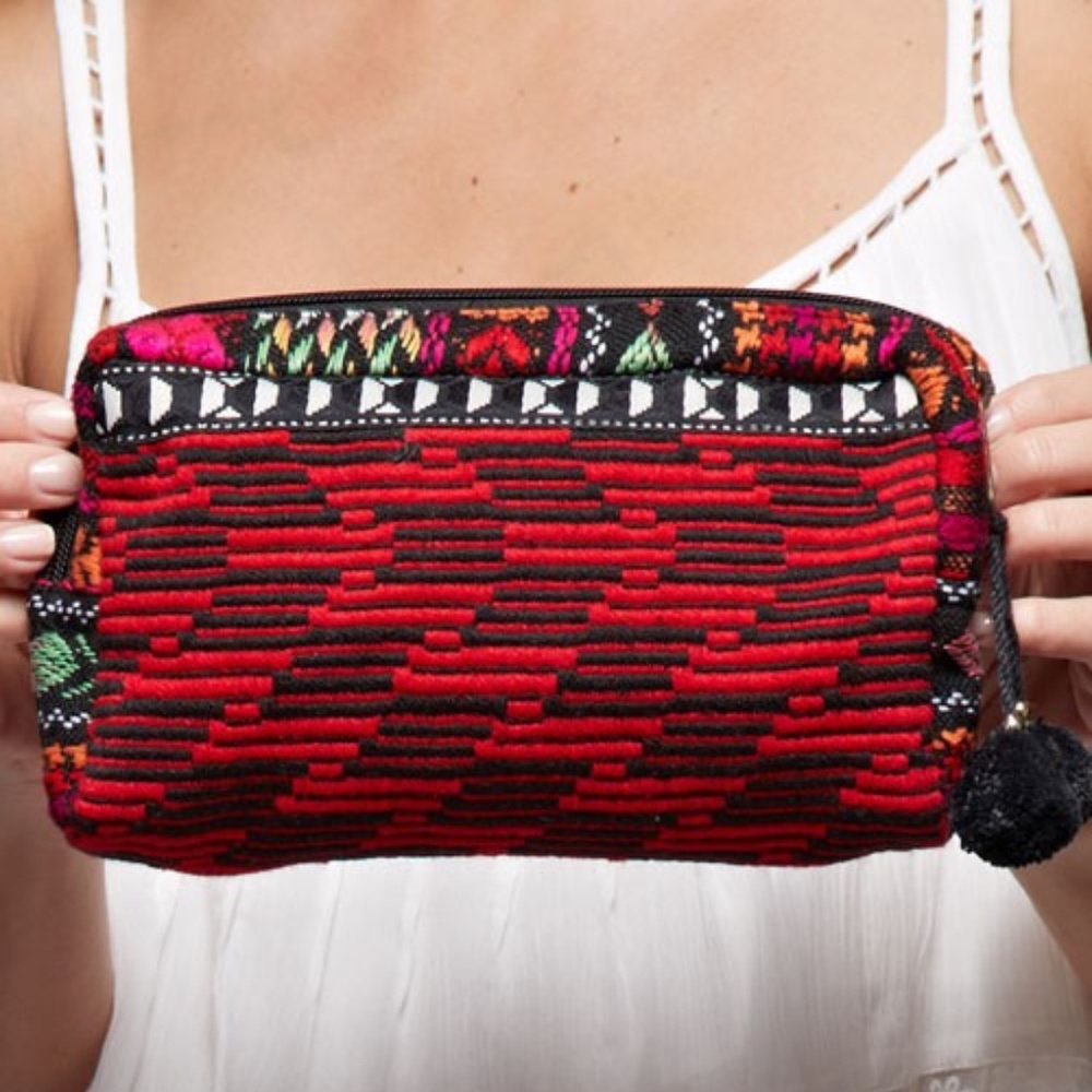NWT Boho Vibrant Embroidered Make-up Cosmetic Bag with pom detail